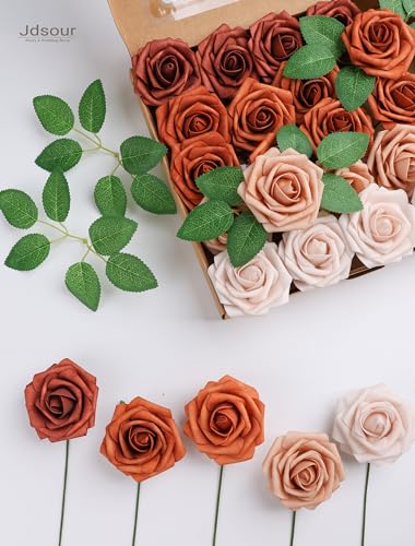 25pcs Artificial Flower，Real Looking Foam Roses w/Stem for DIY Wedding Bouquets Centerpieces Bridal Shower Party Decor-Shades of Burnt Orange - color: Shades of Burnt Orange