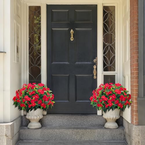 Fake Flowers Artificial Flowers for Outdoor，Artificial Impatiens Bouquet Flowers for Outdoors，Spring Flowers Artificial Impatiens Outdoor Silk Fake Flowers Indoor Decor 4PCS (Red) - color: Red-4