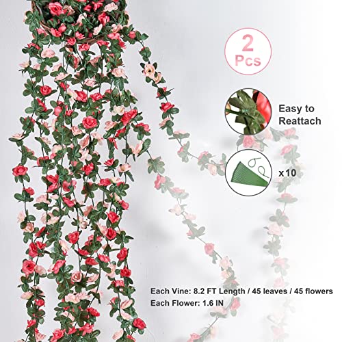 BLEUM CADE 2Pcs 16.4Ft Flower Garland Artificial Rose Vines for Bedroom, Cute Fake Hanging Flower Vines Floral Garland Decorations for Wedding Party Wall Room Decor Aesthetic - color: Pink, size: 2 Pcs