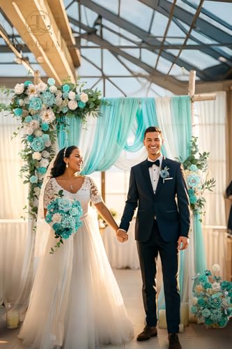 TINGE TIME Wedding Arch Flowers Kit - Deluxe 5pcs Artificial Floral Swag with 3 Sheer Drapes, Realistic Silk Flower Arrangements for Wedding Ceremony Arbor Backdrop Reception Party Home Decor - color: Teal Green & Champagne