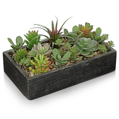 Artificial Succulent Plants in Pot 10 Inch Fake Succulent Arrangement Potted Succulents Plants Centerpiece in Rectangular Wooden Planter for Home Office Desk Shelf Living Room Bedroom Farmhouse Decor - color: Black Wooden#style 5