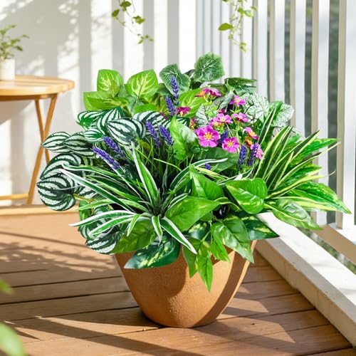 24 Pcs Artificial Plants for Outdoors Faux Greenery Leaves UV Resistant Realistic Plastic Large Bunches Shrubs Bushes with Flowers, Fake Plants Decor Outdoor for Front Porch Door Patio Garden Yard - color: Green Plants With Flowers, size: 24 Pcs
