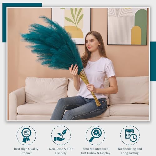 7 Pcs 45" Faux Pampas Grass – Fluffy Artificial Pompous Grass for Tall Floor Vase, Non-Shedding Home Decor, Boho Wedding Flowers, Baby Shower Centerpieces, Bedroom & Living Room Decor (Blue) - color: Blue