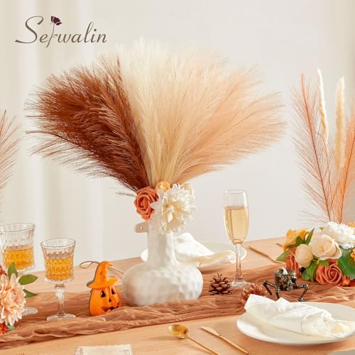 Serwalin 60pcs Orange Pampas Grass Decor, 17.7Inch Fall Artificial Pampas Grass, Faux Pampas Flower Arrangement for Home Decor Wedding Party Centerpieces Decoration Vase Filler - color: I Fall Sunset
