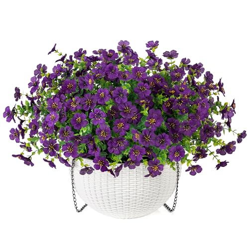 HyeFlora Artificial Faux Hanging Flowers Plants Basket for Outdoor Outside Decoration, Fake Silk Colorful Daisy in Planter for Porch Patio Garden Yard Home - color: Purple 2