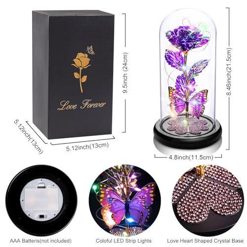 Mothers Day Mom Gifts for Mom Women Birthday Gift Galaxy Glass Rose in Glass Dome Forever Eternal Crystal Flowers with Butterfly Mother's Day Flower Gifts for Women Wife Grandma Daughter Sister Purple - color: A Purple