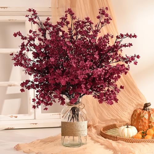 Waipfaru 6Pcs Fake Flowers Babys Breath Silk Artificial Flowers Gypsophila Bouquets Bulk Real Touch Fall Stems for Fall Thanksgiving Decor Autumn DIY Floral Arrangement Table Centerpieces, Wine Red - color: Burgundy, size: 6pcs