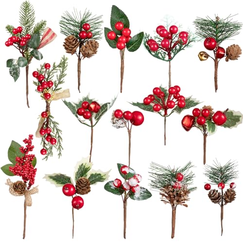 Crafare 15 Pack Small Artificial Christmas Picks 5"-10" Assorted Red Berry Picks Stems Faux Pine Picks Spray with Pinecones for Christmas Floral Arrangement Winter Holiday Season Decoration - size: 5.9in-9in berry stem picks