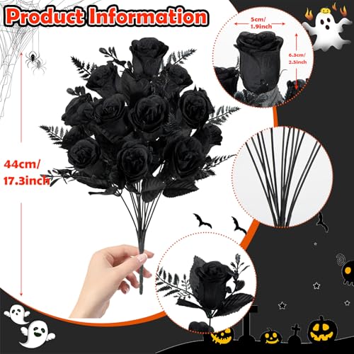 XONOR Artificial Rose Flowers - 4 Bouquets Realistic Fake Black Silk Roses for Halloween Party Fall Harvest Festival Home Centerpieces Decoration (Pack of 4, Black) - color: Black