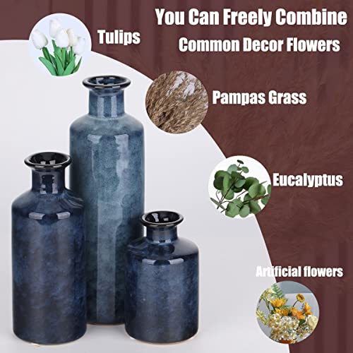 Blue Ceramic Vase Set - 3 Blue Small Vases, Farmhouse Country Flower Vase Home Decor, Living Room Decoration, Table Decoration, Fireplace Decor, and Entrance Decorations Centerpieces - color: Blue