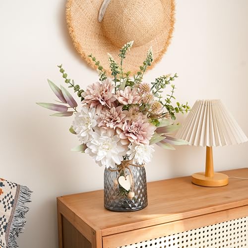 LUEUR Artificial Dahlia Flowers with Vase – Dusty Pink Faux Flower Arrangement, Elegant Floral Centerpiece Table Decorations for Coffee Table, Dining Room, Bedroom, Living Room & Farmhouse Home Decor - color: Dusty Pink