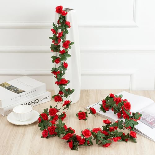 3PCS Artificial Flowers Spring Flower Garland Artificial Rose Vine Hanging Decoration for Wedding Wall Arch Party Backdrop(3, Red) - color: Red