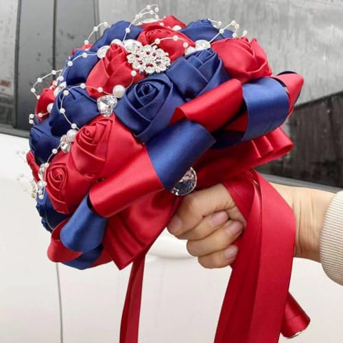 Bridal Wedding Bouquet with Silver Rhinestones Brooch Pearl Bouquet for Bride Bridesmaid Quinceanera Artificial Satin Rose Flower Bouquet Wedding Burgundy and Navy Blue 7.1in - color: Burgundy & Navy, size: Diameter: 7.1 inches