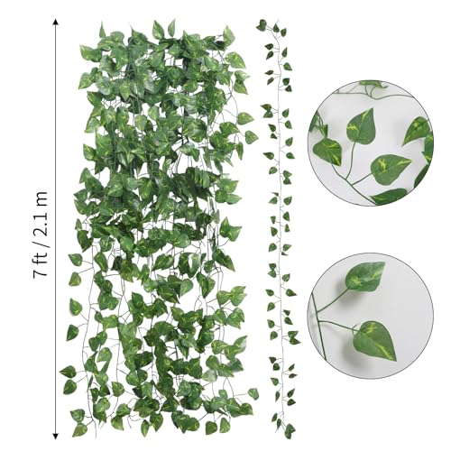 CEWOR 48 Pack 7 Feet Artificial Ivy Garlands, Fake Vines Greenery Hanging Plants Green Leaves Backdrop for Room Bedroom Wall Decor, Jungle Themed Party Wedding Decorations - size: C-48pcs of Vines with 0 LED lights
