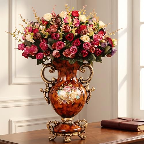 Artificial Flowers in Vase, 20.4" Tall Faux Silk Rose Arrangement, Vintage European Wood Grain Resin Vase, Luxury Indoor Table Centerpiece for Living Room Dining Wedding Decor - color: Gold & Red, size: 20.4'' Height