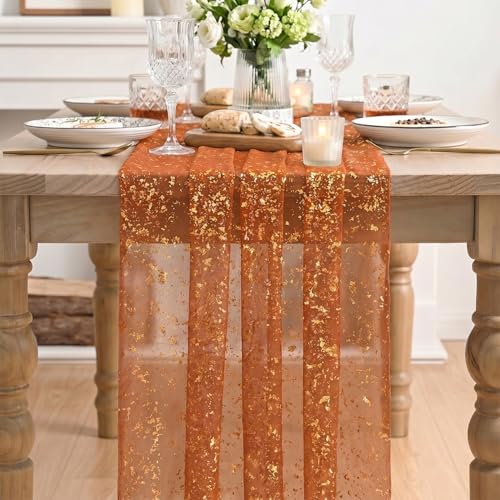 Artoid Mode Caramel Gold Gauze Table Runner 120 Inch 10FT, Glitter Metallic Foil Sheer Dining Wedding Anniversary Birthday Table Decor for Home Party - color: Caramel, size: 28" x 120"
