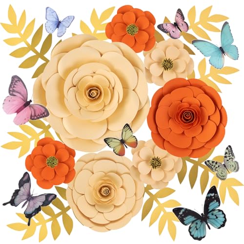 PAPER JAZZ Spring Artifical Paper Flowers Decorations for Wall, Orange Bulletin Board Decorations for Classroom, Flower Window Clings for Wedding Party,Tea,Baby Shower. - color: Dahlias
