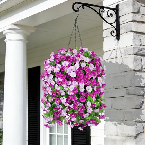 INXUGAO Artificial Flowers with Hanging Basket, Outdoor Faux Plants Silk Morning Glory Vines, Fake Green Arrangement for Garden Patio Spring Summer Decor(4pcs,Darkorchid) - color: Darkorchid
