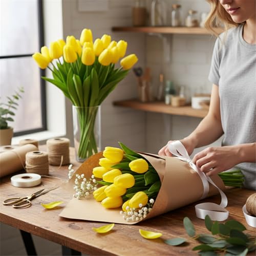 Yellow Artificial Tulips Real Touch Fake Flowers, 20 Pcs PU Faux Tulips 13.5", Realistic Tulip Bouquet for Wedding Centerpiece Spring Home Kitchen Dining Table Vase Decoration Easter Stems - color: Yellow