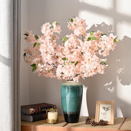 Sunm Boutique Champagne Faux Cherry Blossom Branches, Artificial Cherry Blossom Stems Cherry Blossom Flowers Vase Arrangements for Wedding Home Party Kitchen Decor, Set of 3 - color: Champagne, size: Pack of 3