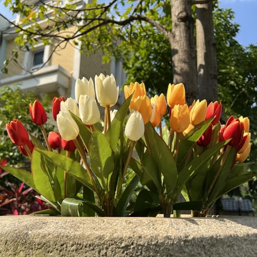 Artificial Fake Flowers for Spring Summer Outdoor Decoration,6 Bundles Shyshining Realistic UV Resistant Silk Fabric Colorful Tulip Faux Plants for outside Planter Home Porch Patio Decor(White Orange) - color: White Yellow Orange