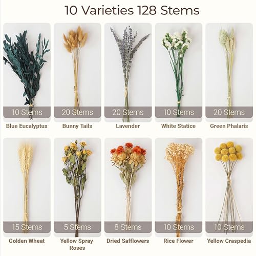 LUXEEASE Vintage Dried Flowers Bouquet 128 Stems, 10 Kinds Natural Preserved Flowers (Lavender, Eucalyptus, Bunny Tails) 10-12 Inches Long, Rustic Boho Home Wedding Centerpiece Décor - color: Golden & Green