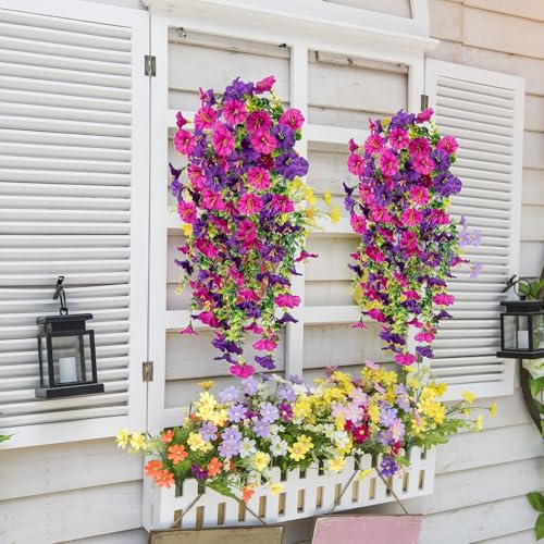 4PCs Hanging Morning Glory UV Resistant Artificial Outdoor Flowers,Faux Flowers for Planters,Hyeflora Cascading Plants Garden,Wedding,Patio,Home Decor,Porch,Yard(Purple Red,2 Bunches/4Pcs) - color: Purple Red, size: 2 Bunches/ 4Pcs