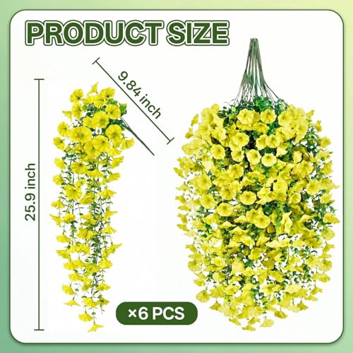 Artificial Hanging Flowers for Outdoors, 6 PCS Silk Morning Glory Artificial Flowers with Eucalyptus Leaves, UV Resistant Fake Flower Realistic Faux Plants for Home Patio Porch Garden Decor, Yellow - color: Yellow