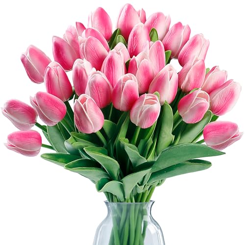 Sggvecsy 15 Pcs Fake Tulips Artificial Flowers Real Touch PU Faux Flowers Tulip Stems for Wedding Spring Bouquet Floral Arrangement Home Party Office Decorations for Mother's Day (Rose Pink) - color: Rose Pink, size: 15 Pcs