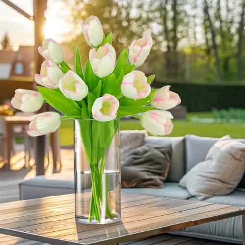12pcs Pink Tulips Artificial Flowers Real Touch Silk Fake Flowers Faux Tulip Stems for Wedding Spring Bouquet Floral Arrangement Home Decorations Table Centerpiece - color: Pink
