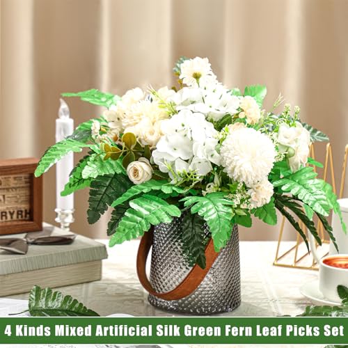 Zeyune 48 Pcs Spring Artificial Silk Leather Leaf Fern Stems 4 Styles Wedding Greenery Faux Leaves Pick 15.8 Inch 14.6 Inch Cemetery Leaf Plant Bouquet for Wedding Decor Garden Room Porch Decor