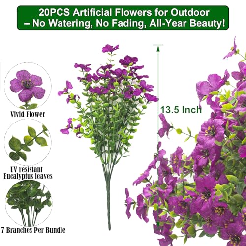 Grunyia 20 Bundles Artificial Flowers for Outdoors, UV Resistant Fake Plants Flowers Greenery Shrubs Plants for Decoration Outside Plants Hanging Planter Home Garden Decor (Purple) - color: Purple