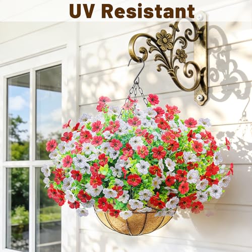 2 Pack Artfiticial Hanging Flowers Baskets for Outdoors, UV Resistant Faux Hanging Plants, 24 Pcs Fake Silk Flowers for Patio Garden Front Porch Balcony Decor (Red White) - color: Red White