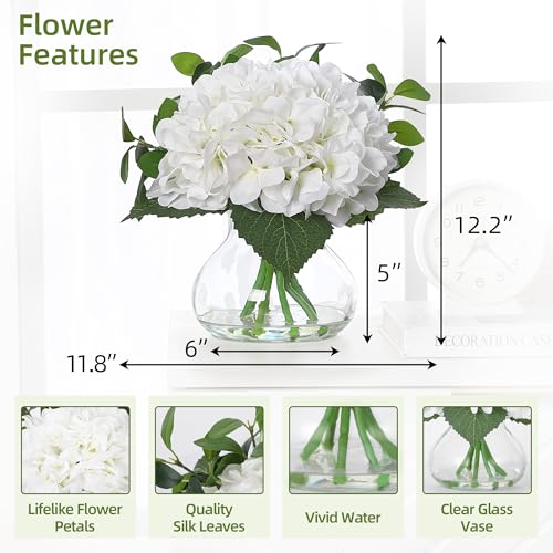 Hydrangea Artificial Flowers in Vase, Set of 7 Silk Faux Hydrangea Fake Flower Arrangements with Glass Vase and Faux Water for Home Decor Wedding Bouquets Table Centerpieces, White - color: Hydrangea Stems With Faux Water, size: White