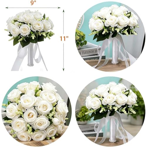CYANLUX Wedding Bouquets for Bride Bridesmaid Bouquet Champagne White Artificial Roses Flowers for Wedding Valentine's Day Church Home Decoration (1#White)… - color: 1#white