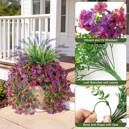 Artificial Fake Hanging Flowers Plants for Outdoor Outside Decoration, Faux Silk Daisy Flower Realistic UV Resistant for Front Porch Patio Balcony Garden Yard Indoor Planter Home Decor(Purple Pink) - color: Purple Fuchsia