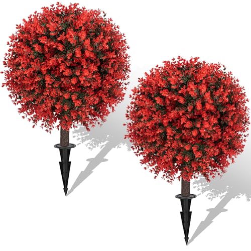 AOKIIE 24" Artificial Boxwood Topiary Bushes UV Resistant for Outdoor 2PCS | Artificial Shrubs with Ground Spike, Red Faux Outdoor Plants for Indoor & Outdoor Garden, Yard, Porch, Patio - color: Red