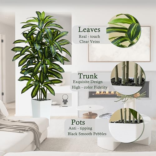 Artificial Dracaena Tree：5FT Faux Silk Tropical Yucca Floor Trees Realistic Fake Green Plant with Natural Wood Trunk & Lifelike Leaves for Home Office Decor Indoor & Outdoor (5FT,1-Pack,White) - color: Dark Green – White Pot, size: 5FT