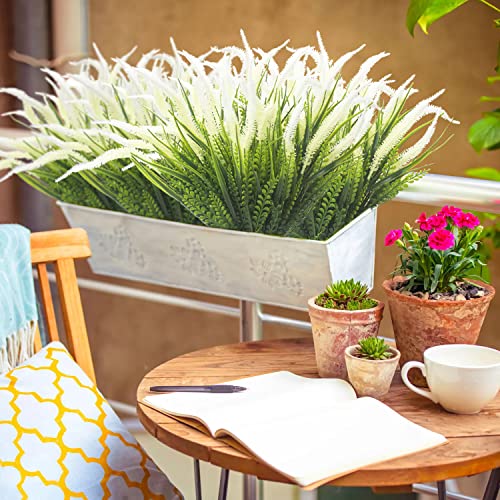 Grunyia 10 Bundles Artificial Plants Outdoor Fake Grass with Flowers UV Resistant Greenery Garden Porch Window Box Decorating (White) - color: White