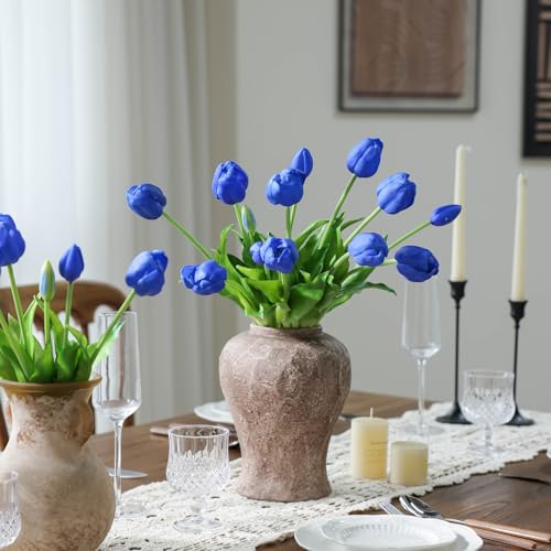 mizii 15Pcs Blue Tulips Artificial Flowers Latex Plastic Real Touch Fake Tulips Flowers Look Real Faux Tulip Flower Bouquet Decoration for Vase Room Table Centerpieces Home Decor (Royal Blue) - color: Royal Blue