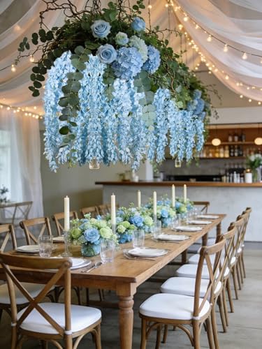 2PCS Artificial Blue Hanging Wisteria Flowers, 2.95ft Wisteria Garland with 5 Branches Realistic Silk Hanging Flowers for Decoration, Wedding Arch, Party Backdrop, and Home Wall Decor - color: Blue