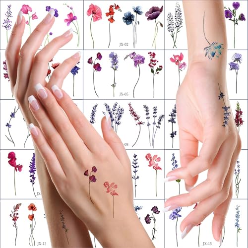 15 Sheets Lavender Temporary Tattoos Watercolor Flower Wild Floral Fake Tattoo Sticker For Women Body Art Temp Tattoo Paper