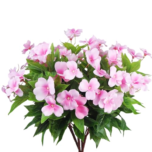 CITYES 4 Pcs Artificial Flowers Outdoor Impatiens UV Resistant Silk Impatiens Flowers Pink Faux Flowers Impatiens Bushes Artificial Impatiens for Pot Patio Lawn Garden Hanging Basket Porch Decor - color: Pink