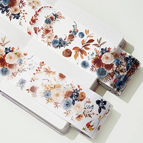WT Dusty Blue & Cinnamon Wide PET Tape, Single Roll, Original Designs, Floral Decorative Tape, Transparent Craft Tape for Bujo Planner & DIY Supplies, Watercolor Flowers - color: WT Dusty Blue & Cinnamon Wide PET Tape