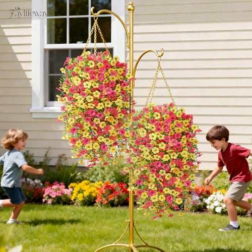 Artificial Hanging Flowers for Outdoors Spring Summer Decoration, 8PCS UV Resistant Silk Fake Hanging Plants for Patio Porch Front Yard Window Garden Indoor Decor(Hot Pink&Yellow,8PCS) - color: Hot Pink&yellow, size: 8PCS
