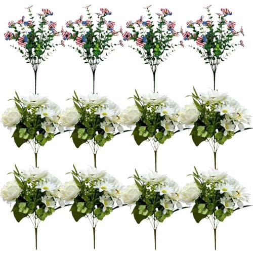 8 Faux Silk Peonies with 4 Free Silver Dollar Eucalyptus Stems, Multi-Color Floral Decor for Home, Courtyard, Wedding & Hotel (White, 12) - color: 8xiangrikuiwhite+4anshuye, size: 12 pack
