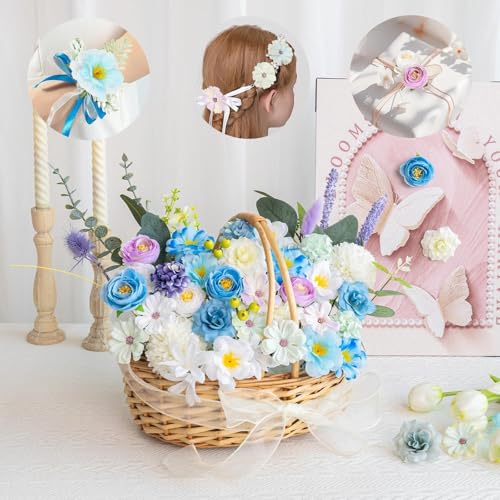 ATTGREAT Fake Flower Heads Mini Silk Flowrs Bulk Small Flower 3D Loose Faux Daisy Rose Sunflowers Plum Blossoms Craft for Wedding Party Cake Baby Shower Home Decor, 110Pcs(Blue) - color: Blue