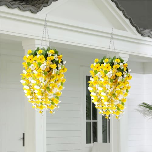 XunYee 8 Pcs Artificial Hibiscus Flowers for Outdoors Spring Summer Decor Fake Hanging Flowers Plants Uv-Resistant Faux Hibiscus Flower for Outside Porch Patio Front Door (Yellow and White) - color: Yellow and White