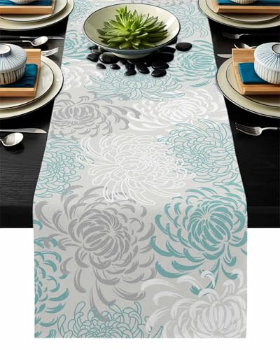 PIEPLE Aqua Chrysanthemum Flowers Table Runner-Cotton Linen-Long 13x108inches Dresser Scarves,Floral Grey Tablerunner for Kitchen Coffee/Dining/End Table Bedroom Living Room,Scarf Decor for Holiday - color: Texturezld5372, size: 13x108 Inch