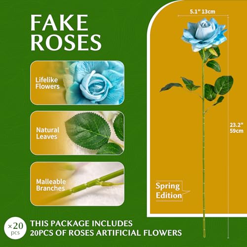Artificial Flowers 23.2In Artificial Roses 20PCS Fake Roses Long Stem Artificial Flowers for Tall Vase Silk Rose Spring Suitable for Indoor Wedding Party Decor Valentine's Day DIY Bouquet,Blue - color: Blue